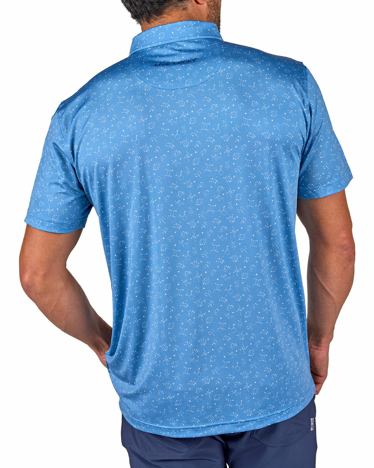 Black Clover Men's Trendy Blue and White Constellation Print Polo for Golf and Business
