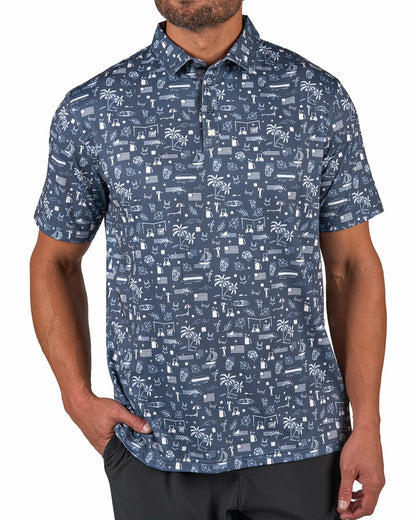 Black Clover Black and White-Patterned Vacation-Themed Men's Golf Polo