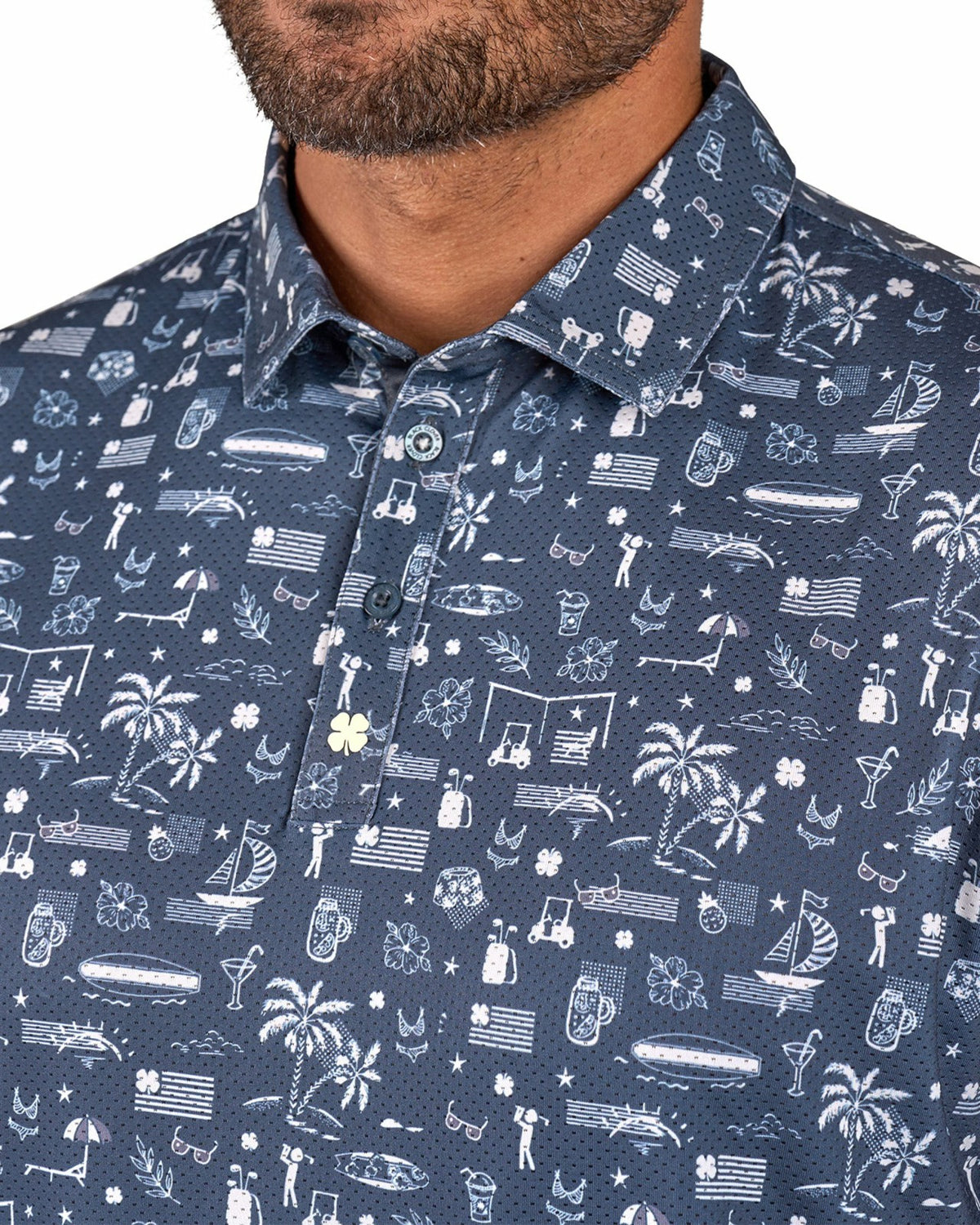 Black Clover Black and White-Patterned Vacation-Themed Men's Golf Polo