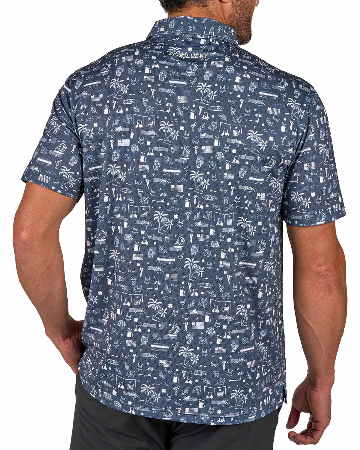 Black Clover Black and White-Patterned Vacation-Themed Men's Golf Polo