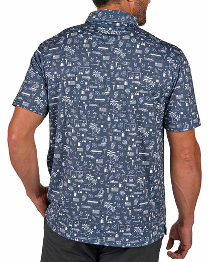 Black Clover Black and White-Patterned Vacation-Themed Men's Golf Polo