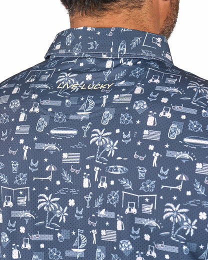 Black Clover Black and White-Patterned Vacation-Themed Men's Golf Polo