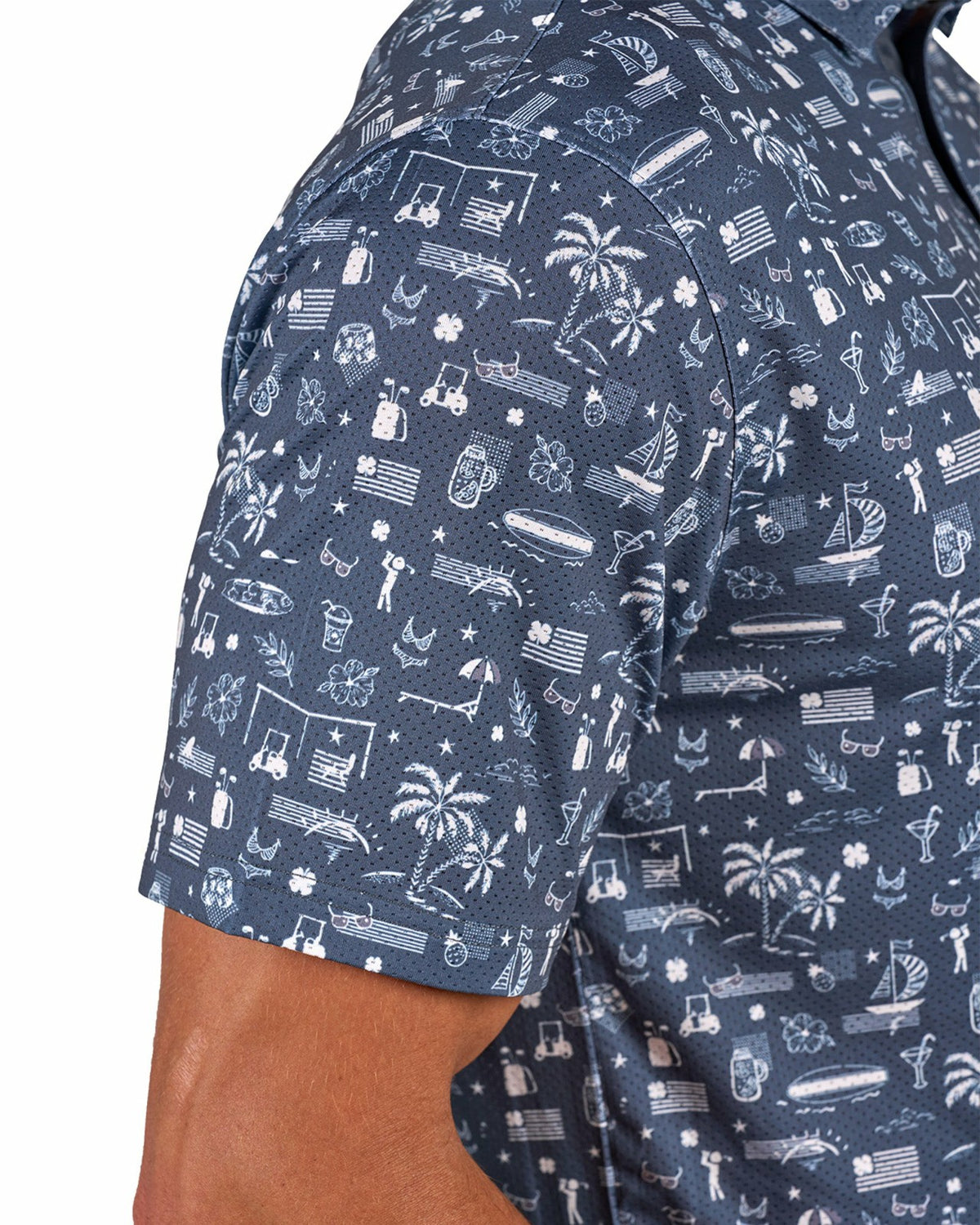 Black Clover Black and White-Patterned Vacation-Themed Men's Golf Polo