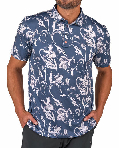 Black Clover Men's Versatile Black and White Floral Polo for Golf or Business