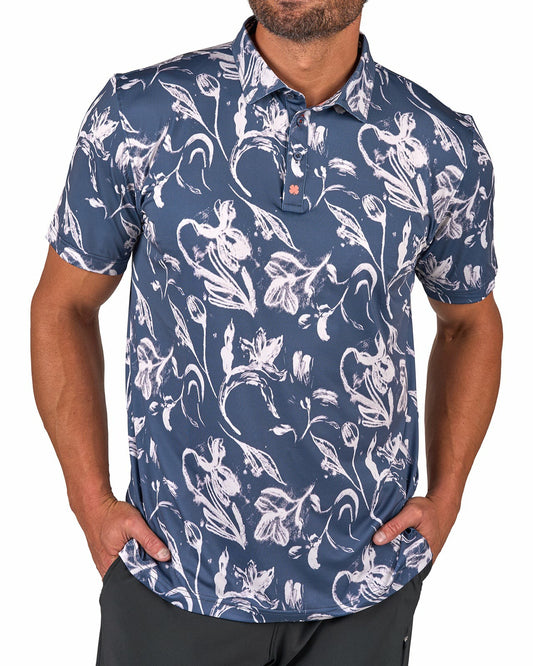 Black Clover Men's Versatile Black and White Floral Polo for Golf or Business