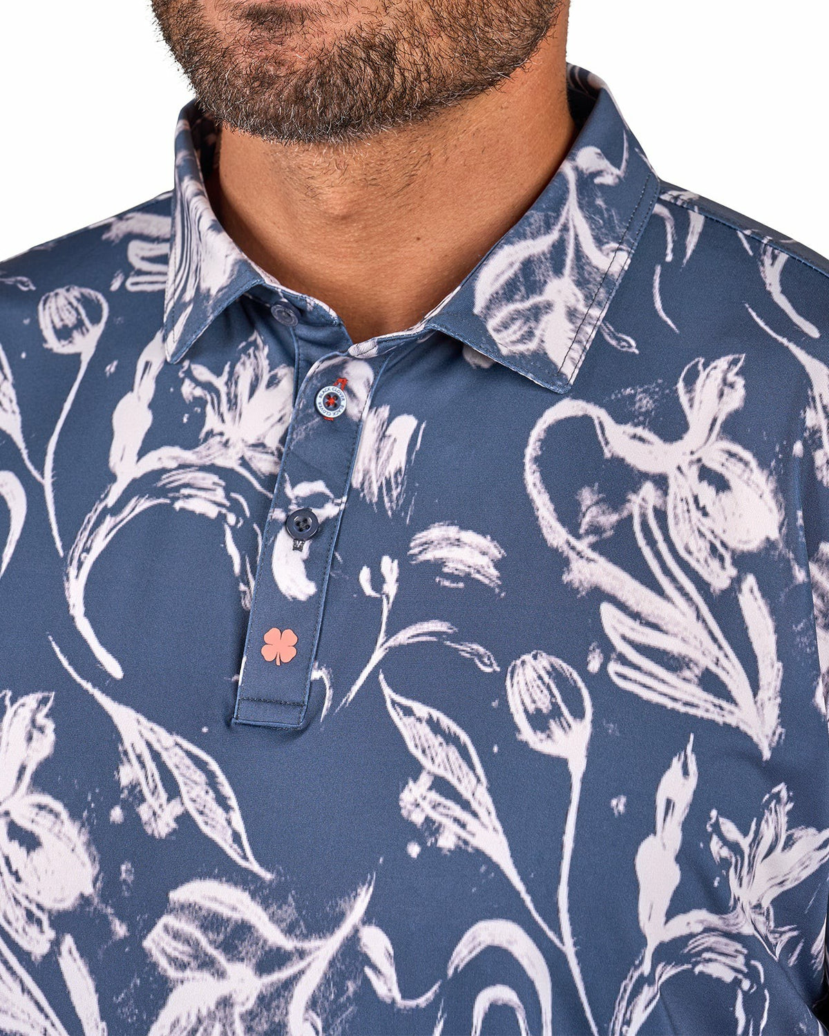 Black Clover Men's Versatile Black and White Floral Polo for Golf or Business