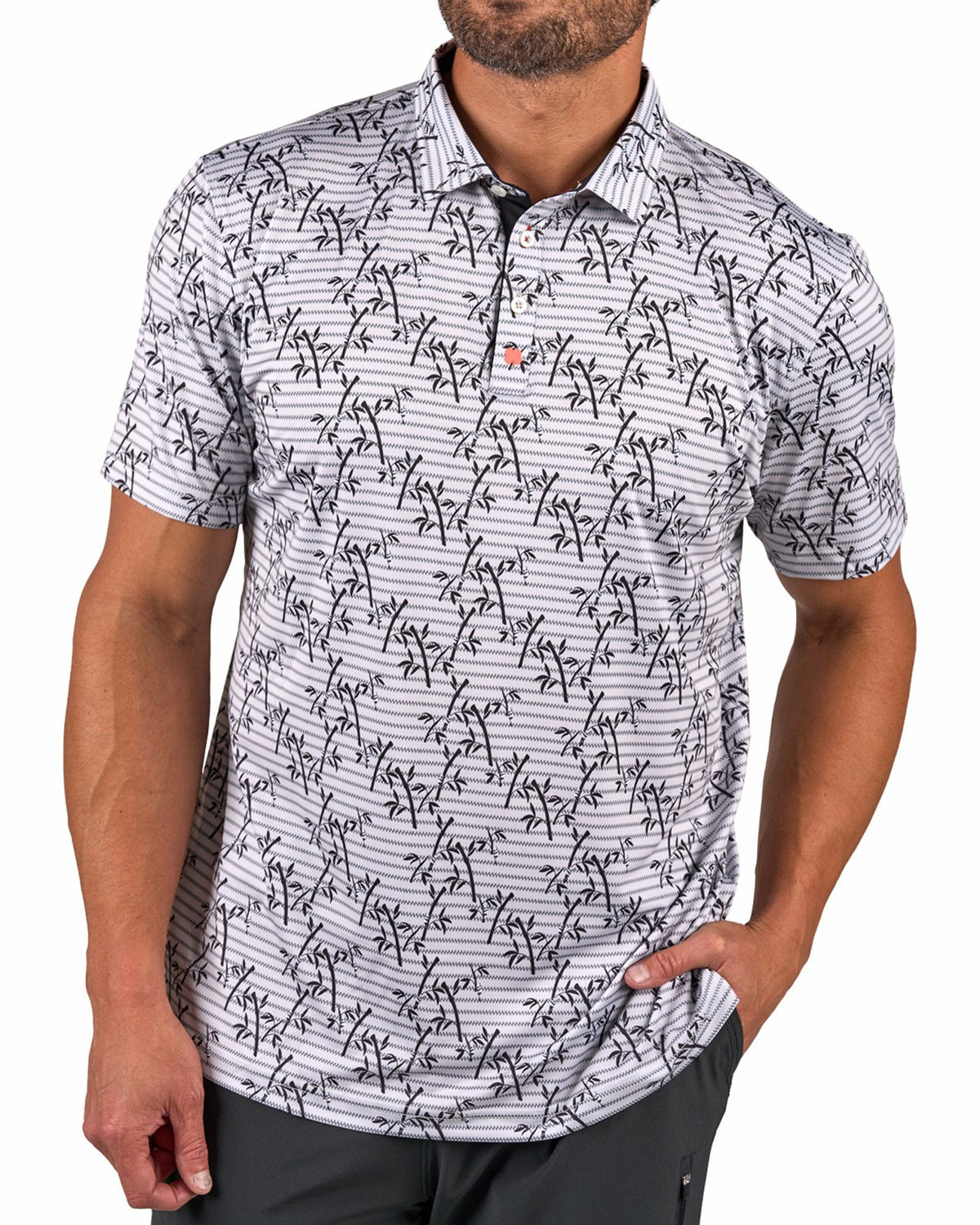 Black Clover Trendy Bamboo Patterned Men's Golf Polo with Subtle Stripes