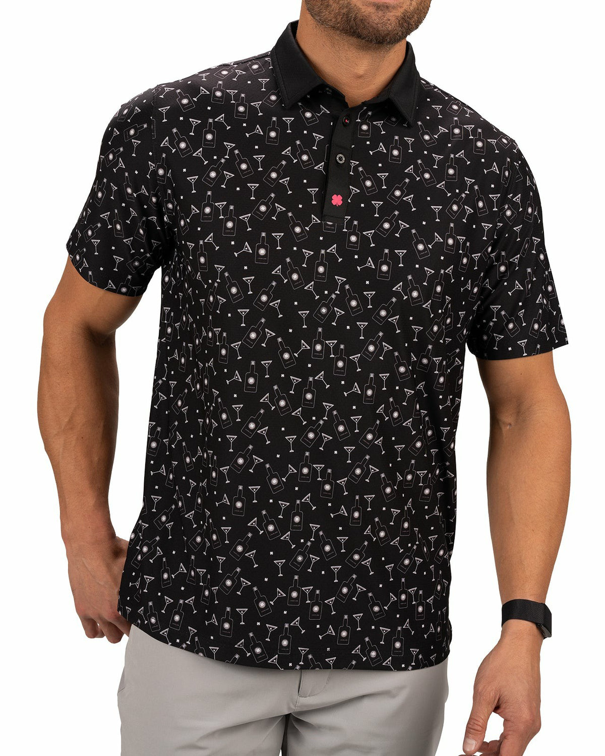 Black Clover Fun, Black White-Patterned Spirit-Themed Men's Golf Polo