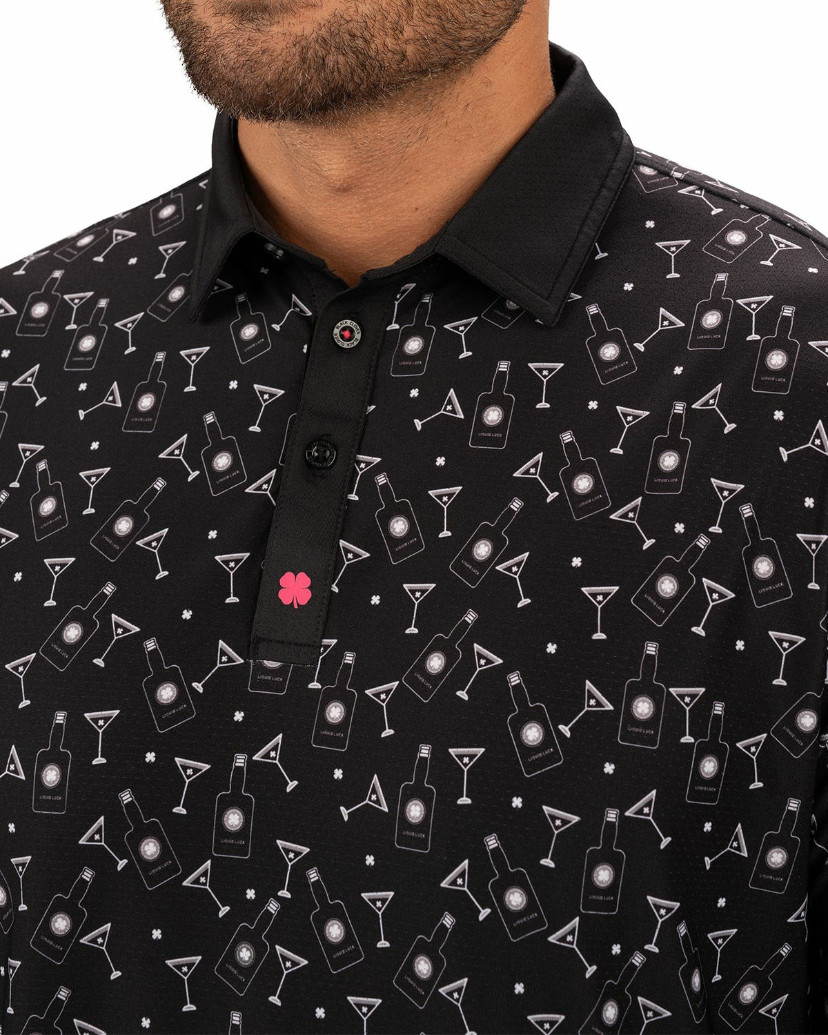 Black Clover Fun, Black White-Patterned Spirit-Themed Men's Golf Polo