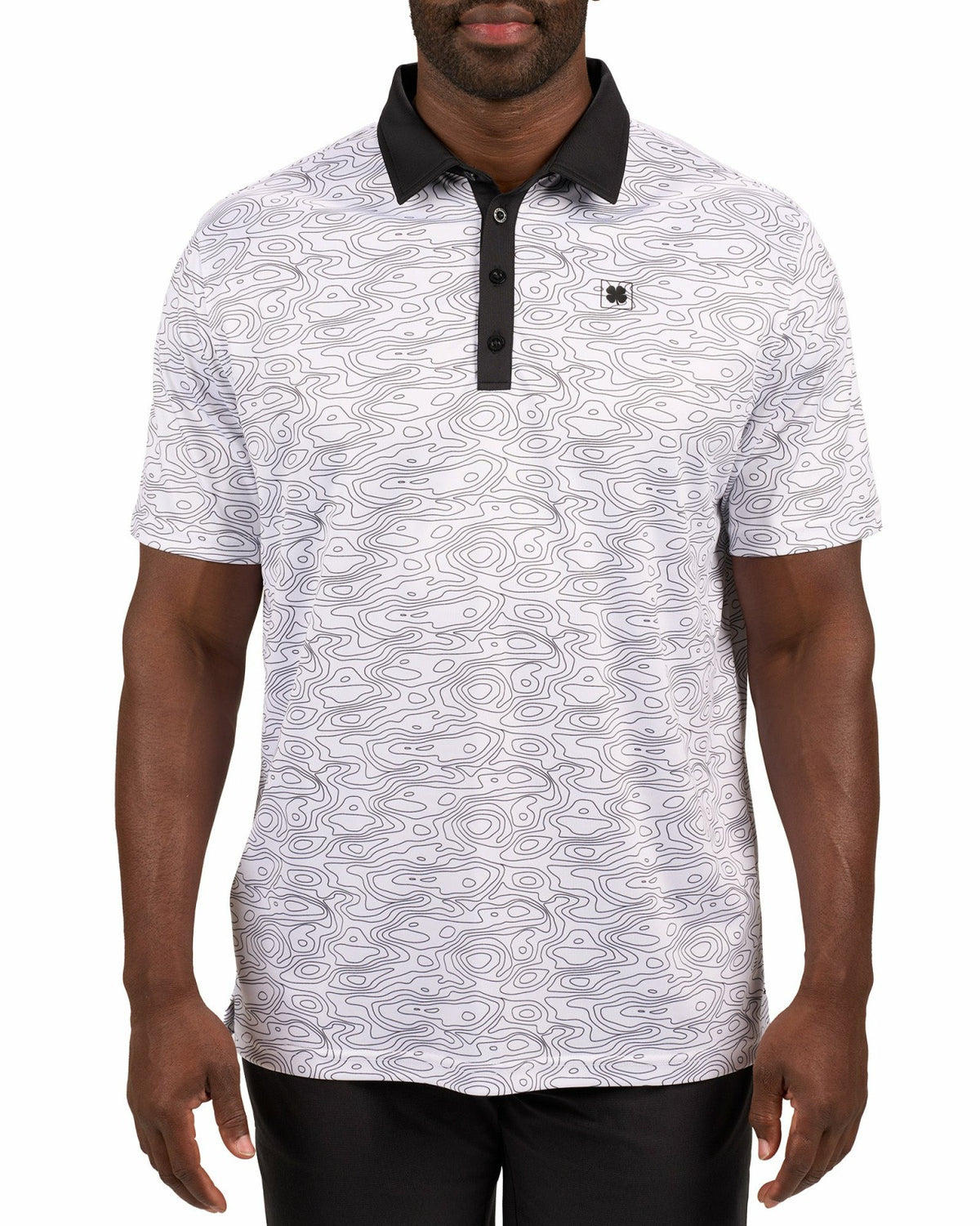 Black Clover Modern Black and White Patterned Golf Polo with Black Collar and Placket