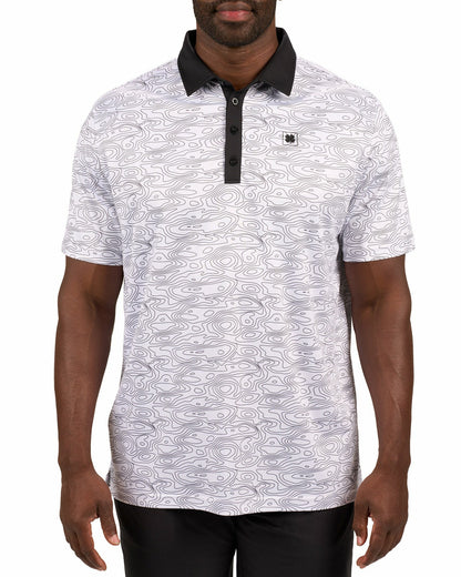 Black Clover Modern Black and White Patterned Golf Polo with Black Collar and Placket