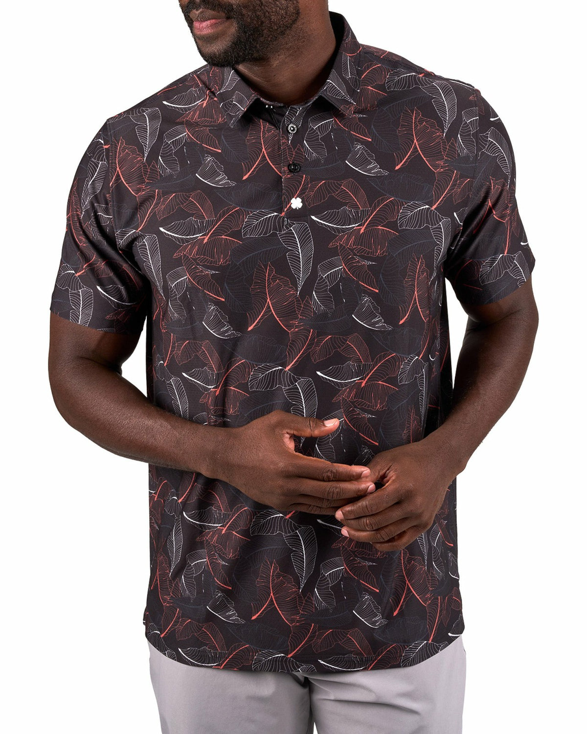 Black Clover Stylish Black Palm Leaf Patterned Polo for Golf or Business