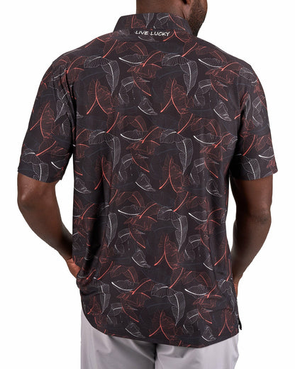Black Clover Stylish Black Palm Leaf Patterned Polo for Golf or Business