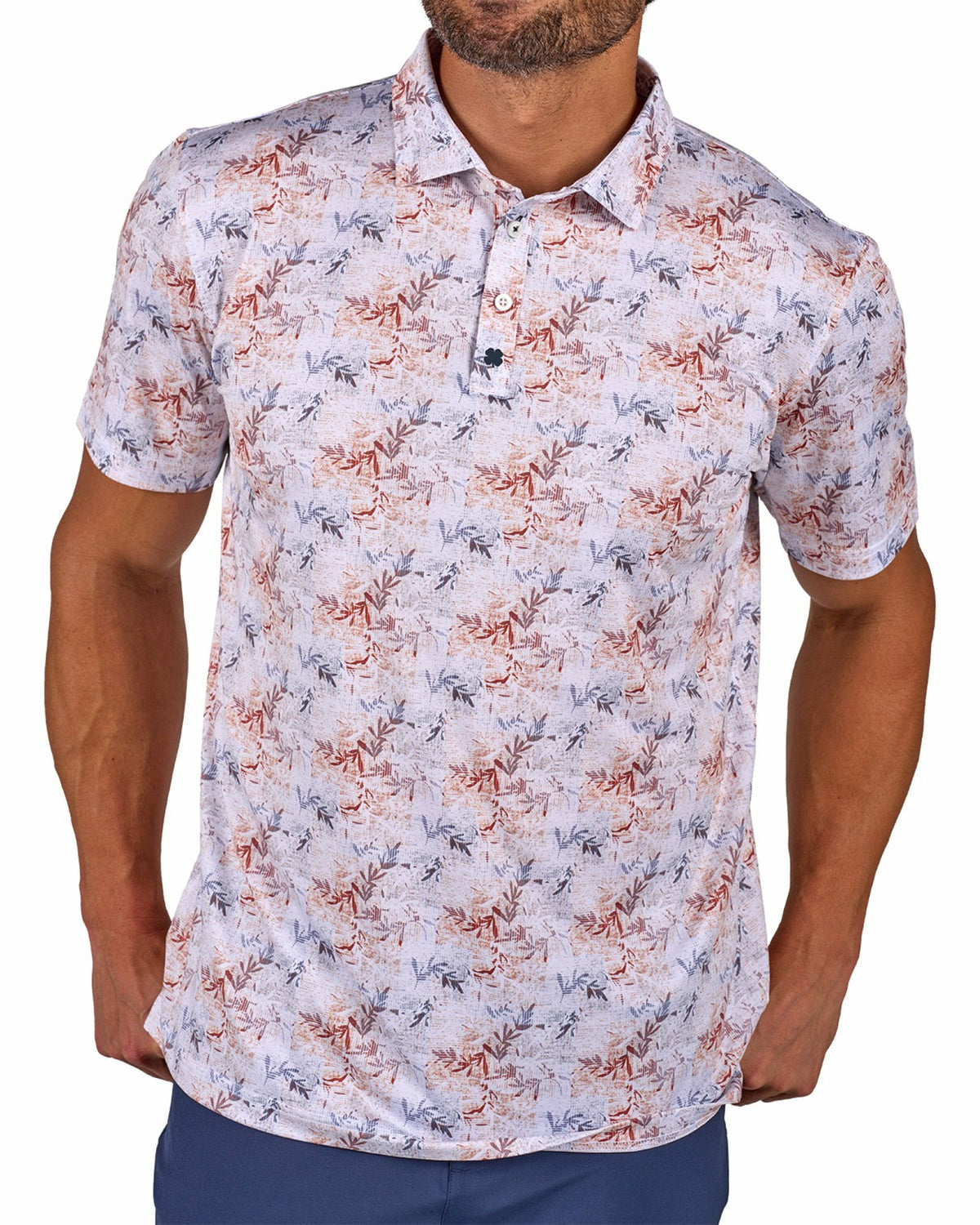 Black Clover Versatile White Tropical Patterned Golf or Business Polo