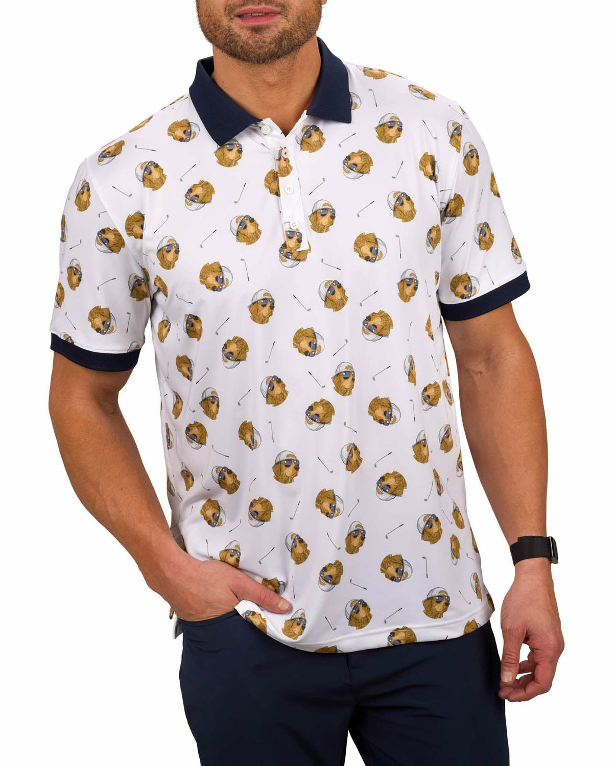 Black Clover Men's White and Navy Playful Dog Pattern Polo
