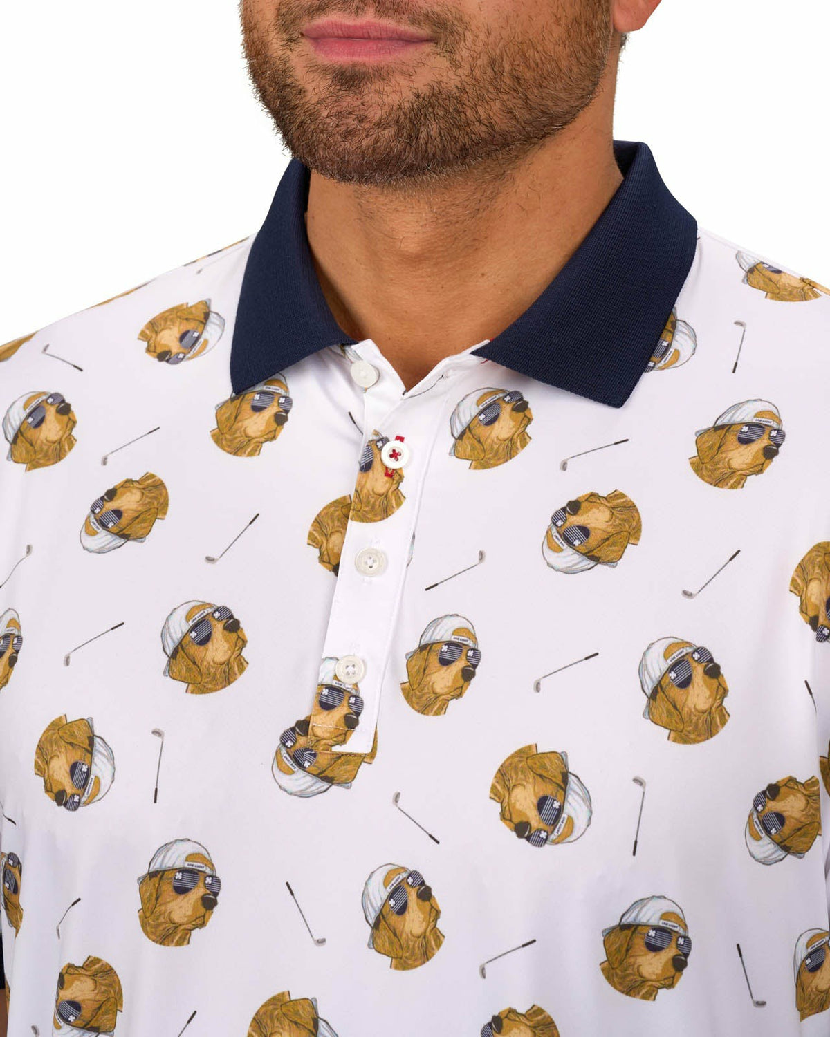 Black Clover Men's White and Navy Playful Dog Pattern Polo