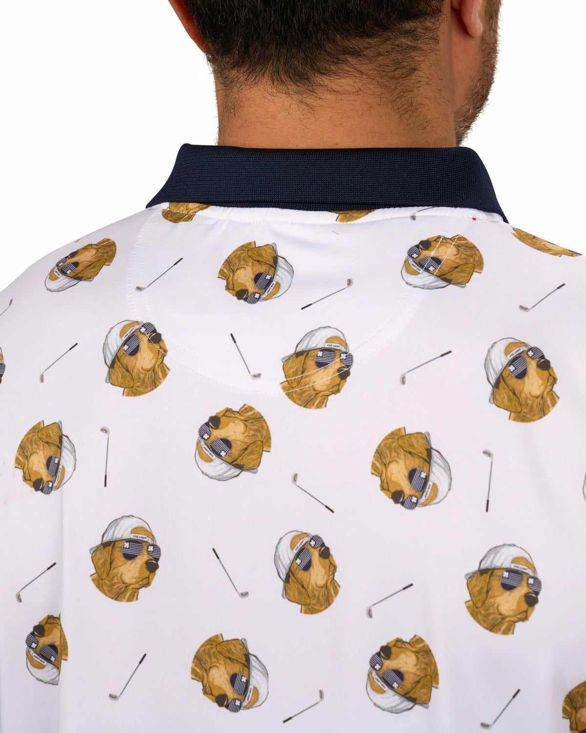 Black Clover Men's White and Navy Playful Dog Pattern Polo
