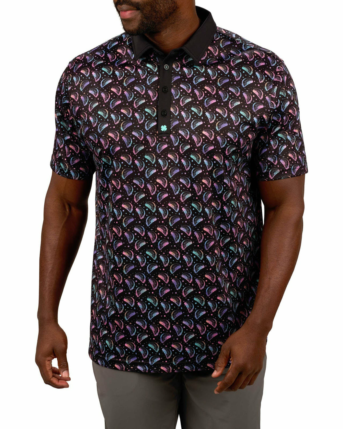 Black Clover Men's Breathable Black Polo with Playful Neon Taco Print for Golf and Business