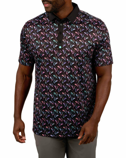 Black Clover Men's Breathable Black Polo with Playful Neon Taco Print for Golf and Business