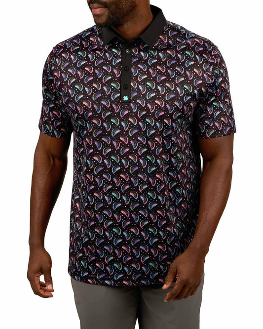 Black Clover Men's Breathable Black Polo with Playful Neon Taco Print for Golf and Business