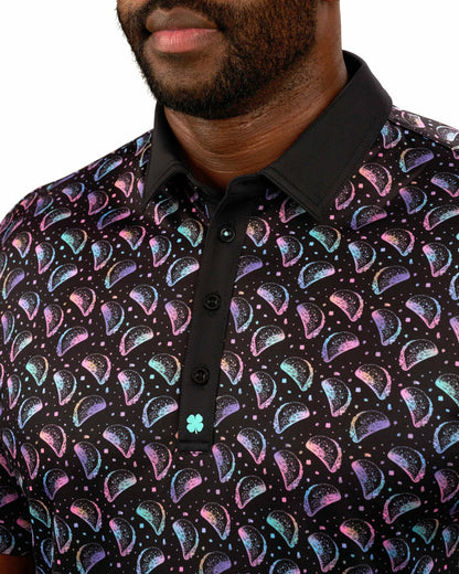 Black Clover Men's Breathable Black Polo with Playful Neon Taco Print for Golf and Business