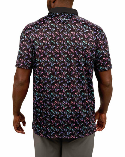 Black Clover Men's Breathable Black Polo with Playful Neon Taco Print for Golf and Business