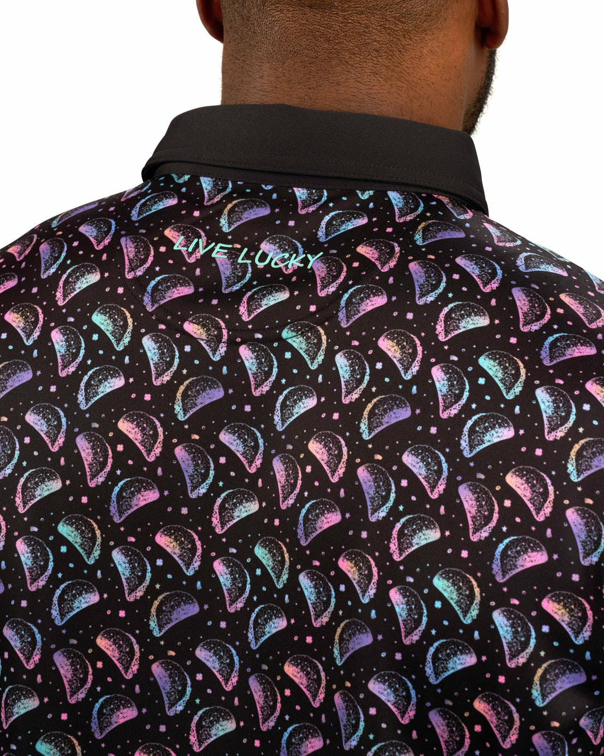 Black Clover Men's Breathable Black Polo with Playful Neon Taco Print for Golf and Business