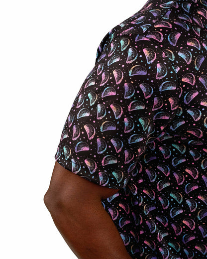 Black Clover Men's Breathable Black Polo with Playful Neon Taco Print for Golf and Business