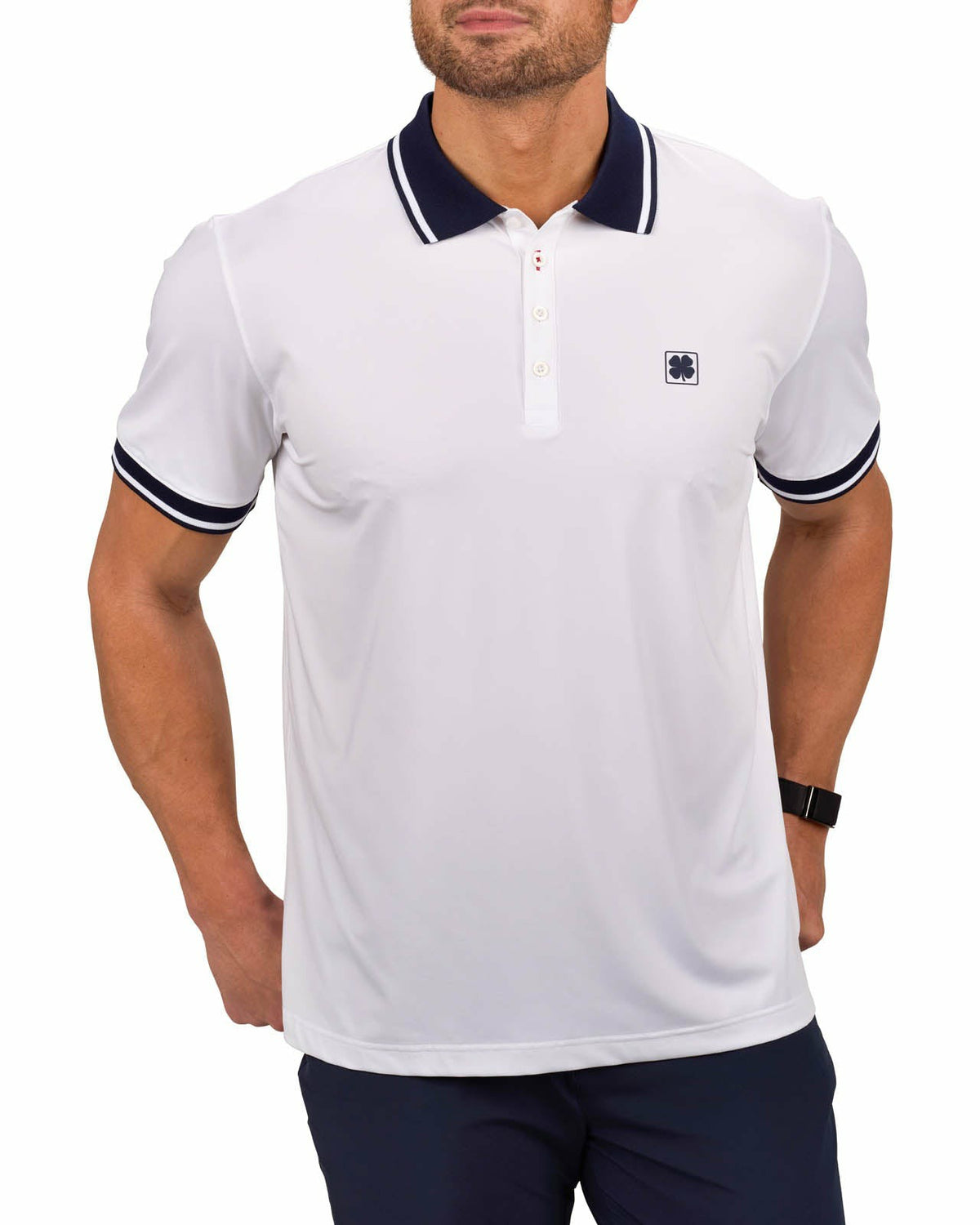 Black Clover Men's Soft Solid White Polo with Navy Blue Trim Collar and Cuffs