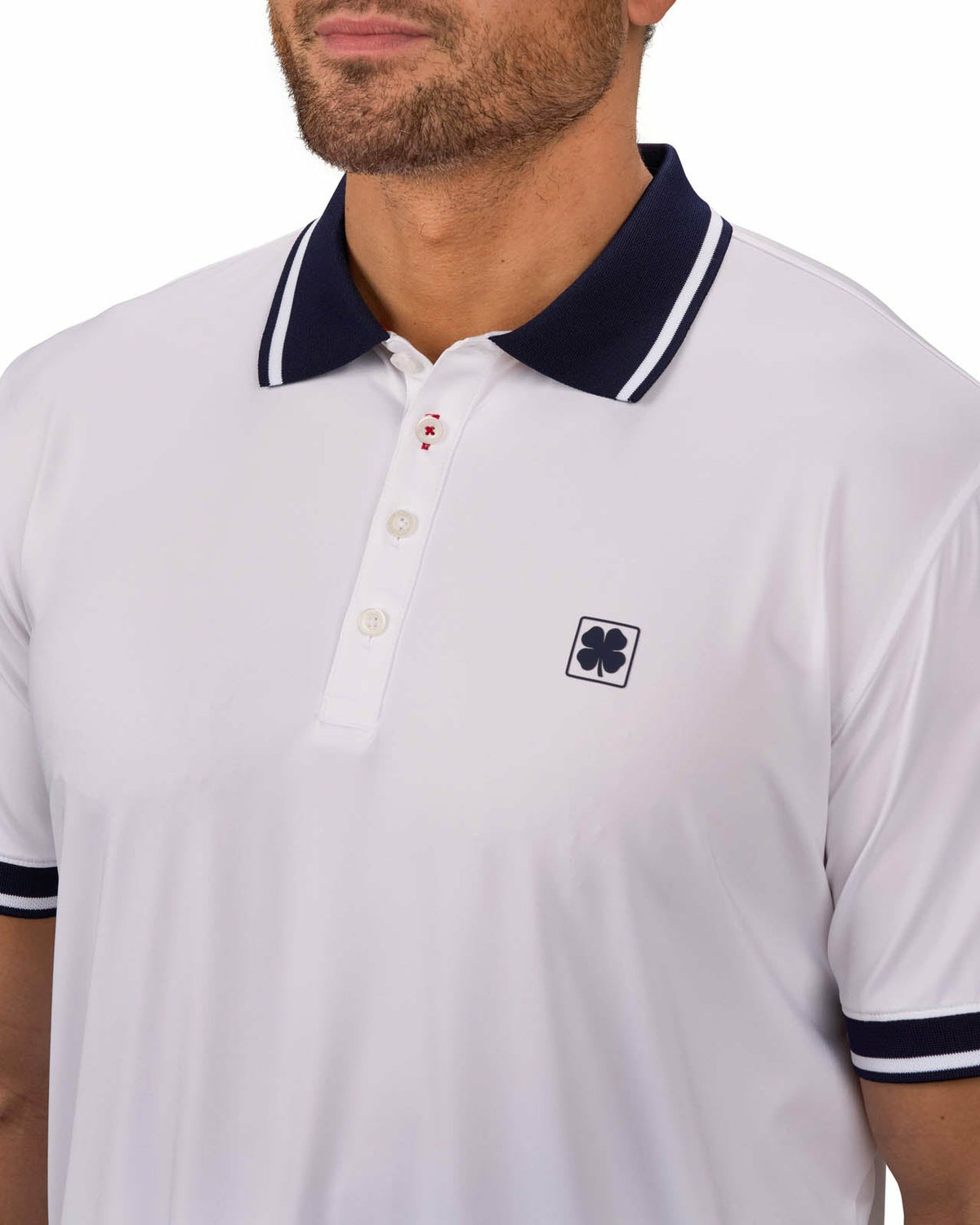 Black Clover Men's Soft Solid White Polo with Navy Blue Trim Collar and Cuffs