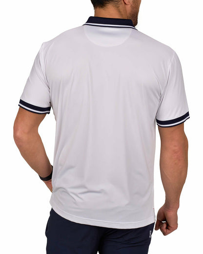 Black Clover Men's Soft Solid White Polo with Navy Blue Trim Collar and Cuffs