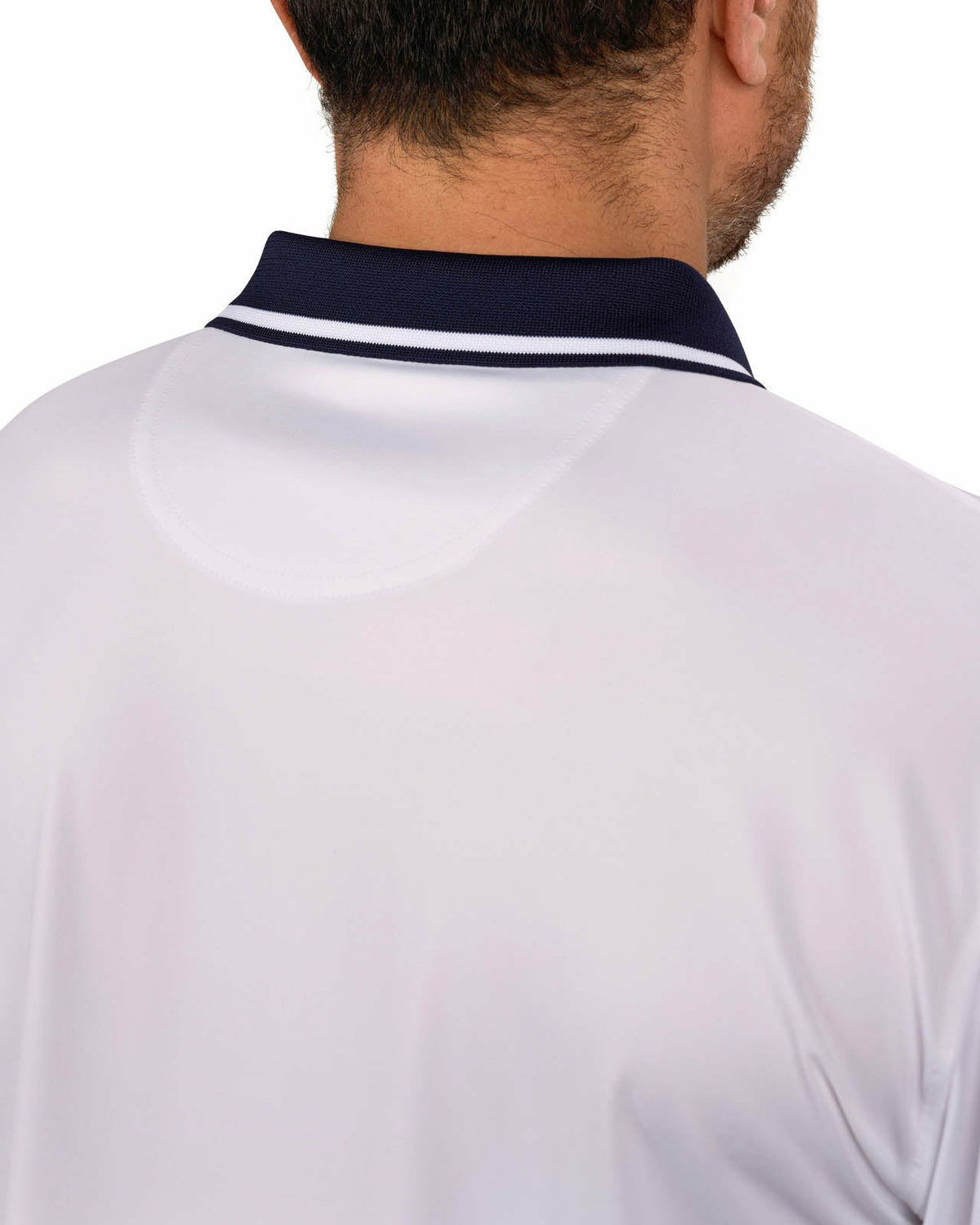 Black Clover Men's Soft Solid White Polo with Navy Blue Trim Collar and Cuffs