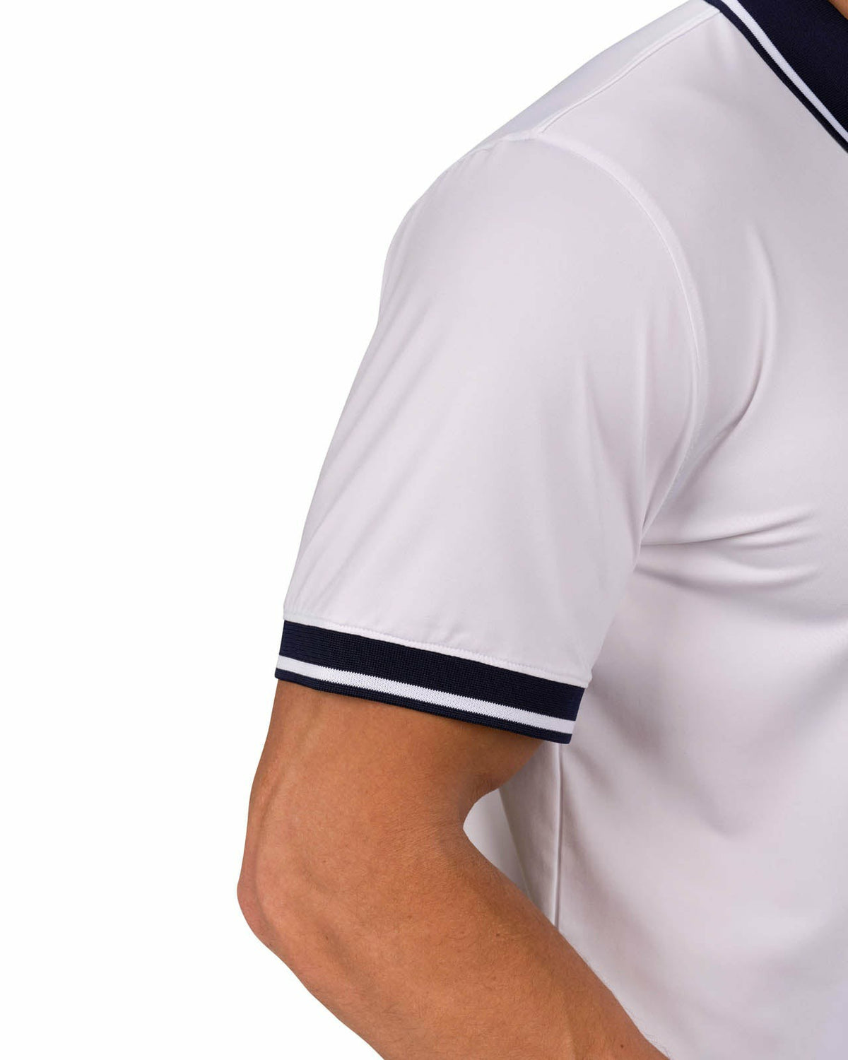 Black Clover Men's Soft Solid White Polo with Navy Blue Trim Collar and Cuffs