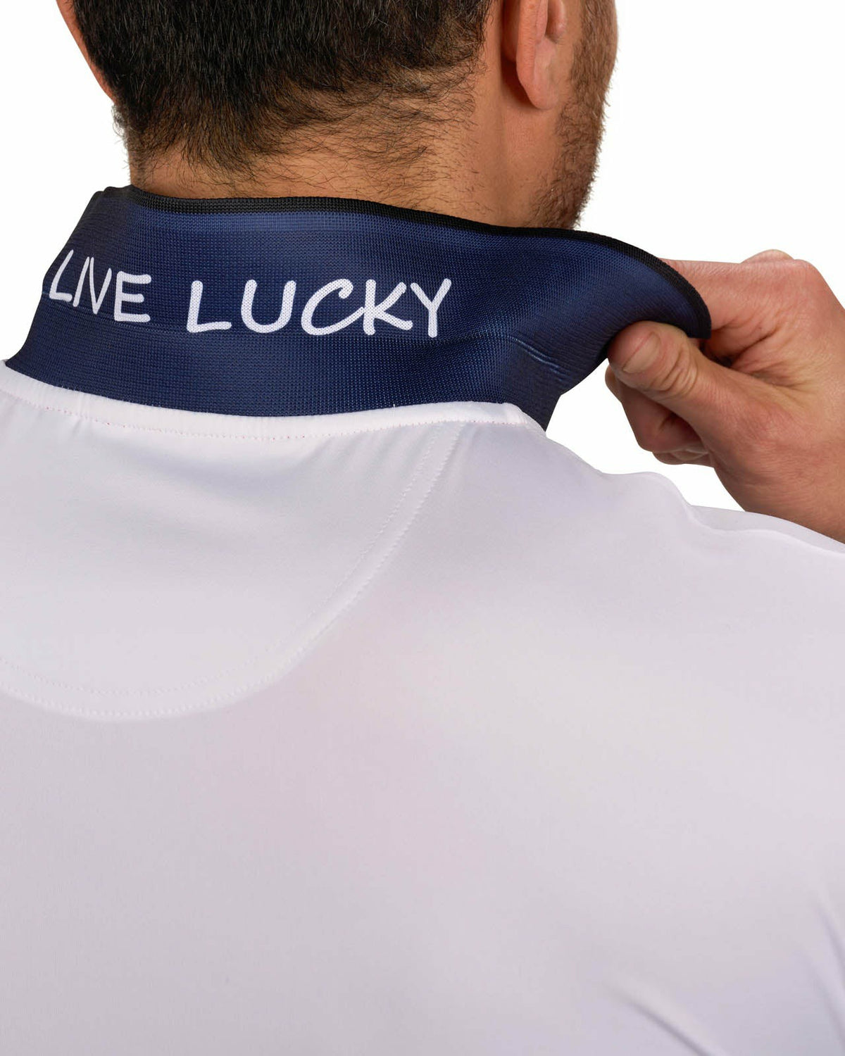 Black Clover Men's Soft Solid White Polo with Navy Blue Trim Collar and Cuffs