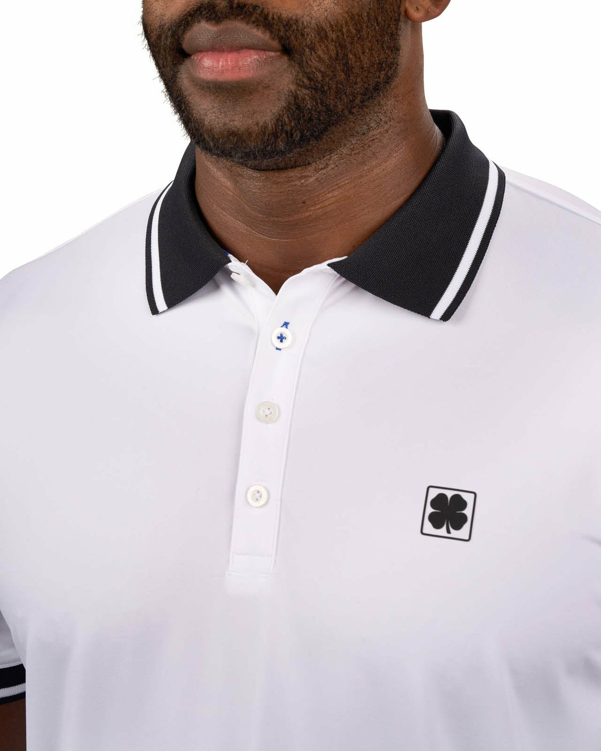 Black Clover Men's Soft Solid White Polo with Black Trim Collar and Cuffs