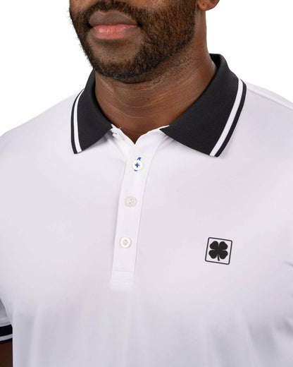 Black Clover Men's Soft Solid White Polo with Black Trim Collar and Cuffs
