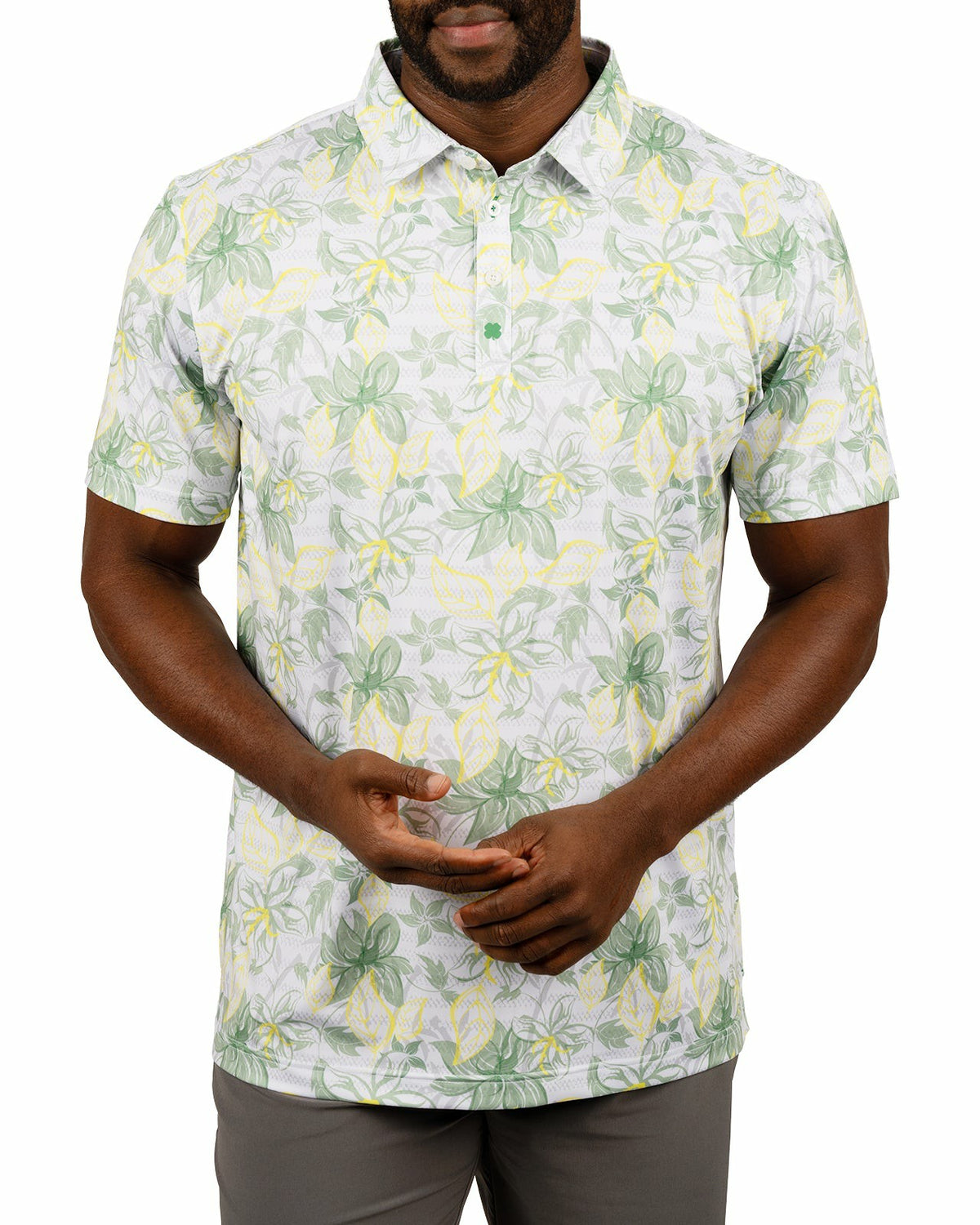 Black Clover Men's First Major Spring Green and White Tropical Golf Polo