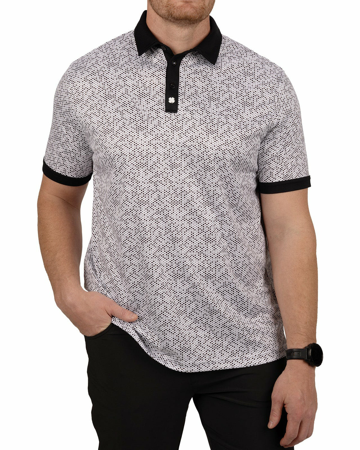 Black Clover Black and White Modern Print Golf Polo with Black Collar and Placket