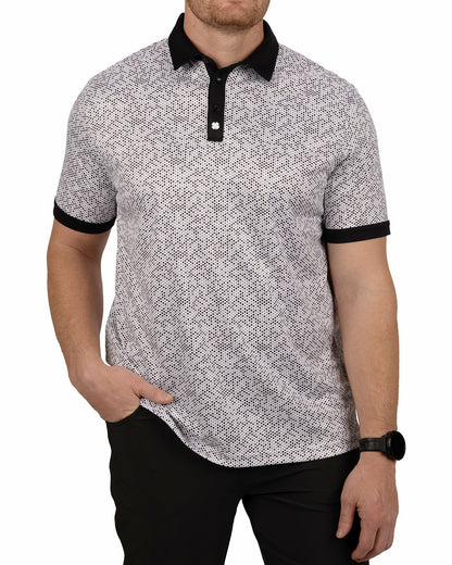 Black Clover Black and White Modern Print Golf Polo with Black Collar and Placket