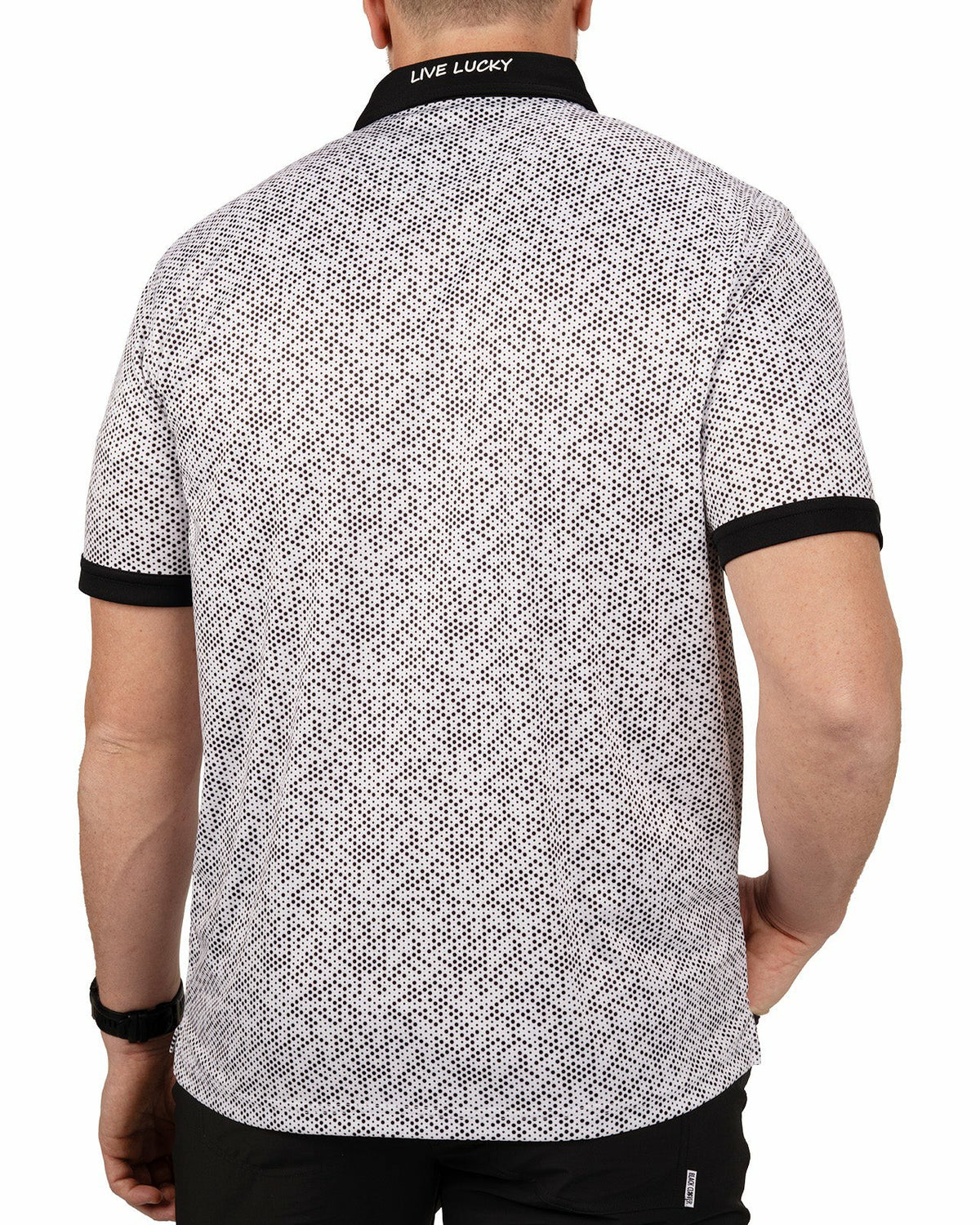 Black Clover Black and White Modern Print Golf Polo with Black Collar and Placket