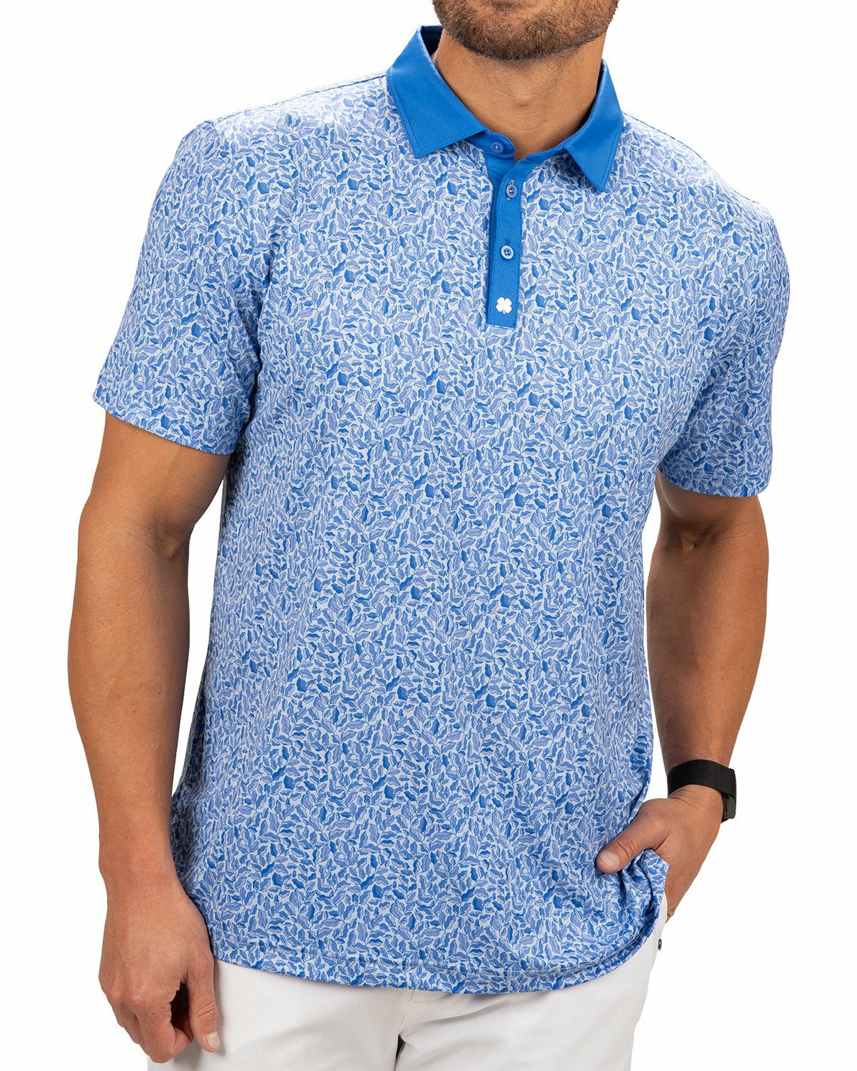 Black Clover Stylish Floral-Patterned Men's Golf Polo with Solid Blue Collar and Placket