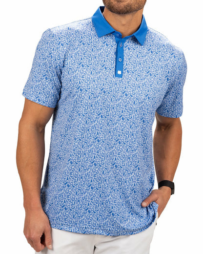 Black Clover Stylish Floral-Patterned Men's Golf Polo with Solid Blue Collar and Placket