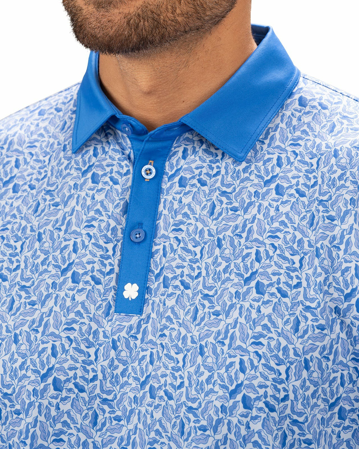 Black Clover Stylish Floral-Patterned Men's Golf Polo with Solid Blue Collar and Placket