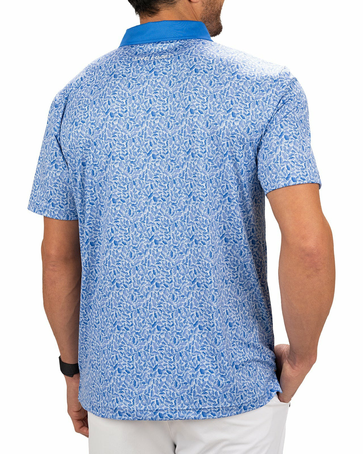 Black Clover Stylish Floral-Patterned Men's Golf Polo with Solid Blue Collar and Placket