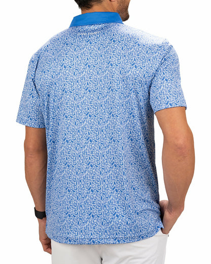 Black Clover Stylish Floral-Patterned Men's Golf Polo with Solid Blue Collar and Placket