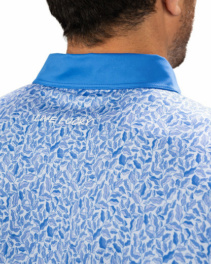 Black Clover Stylish Floral-Patterned Men's Golf Polo with Solid Blue Collar and Placket