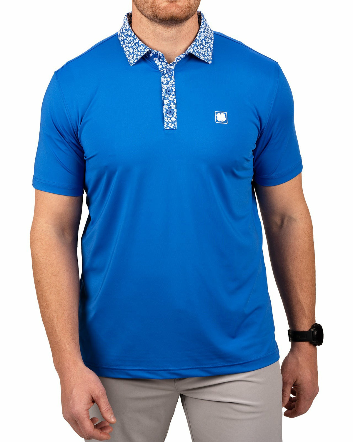 Black Clover Solid Royal Blue Men's Golf Polo with Flowered Collar and Placket