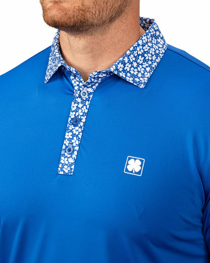 Black Clover Solid Royal Blue Men's Golf Polo with Flowered Collar and Placket