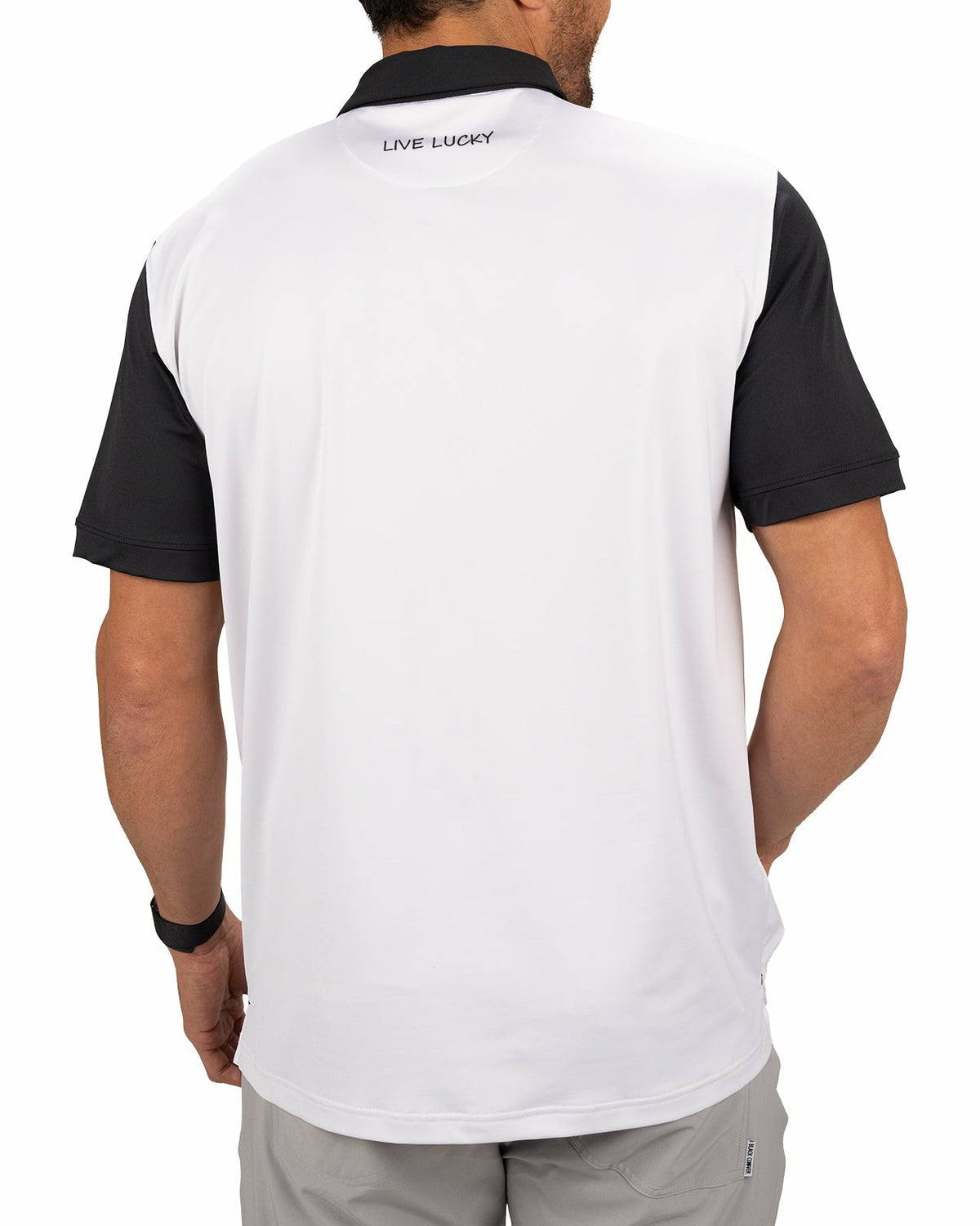 Black Clover Men's White Golf or Business Polo with Black Collar and Arms