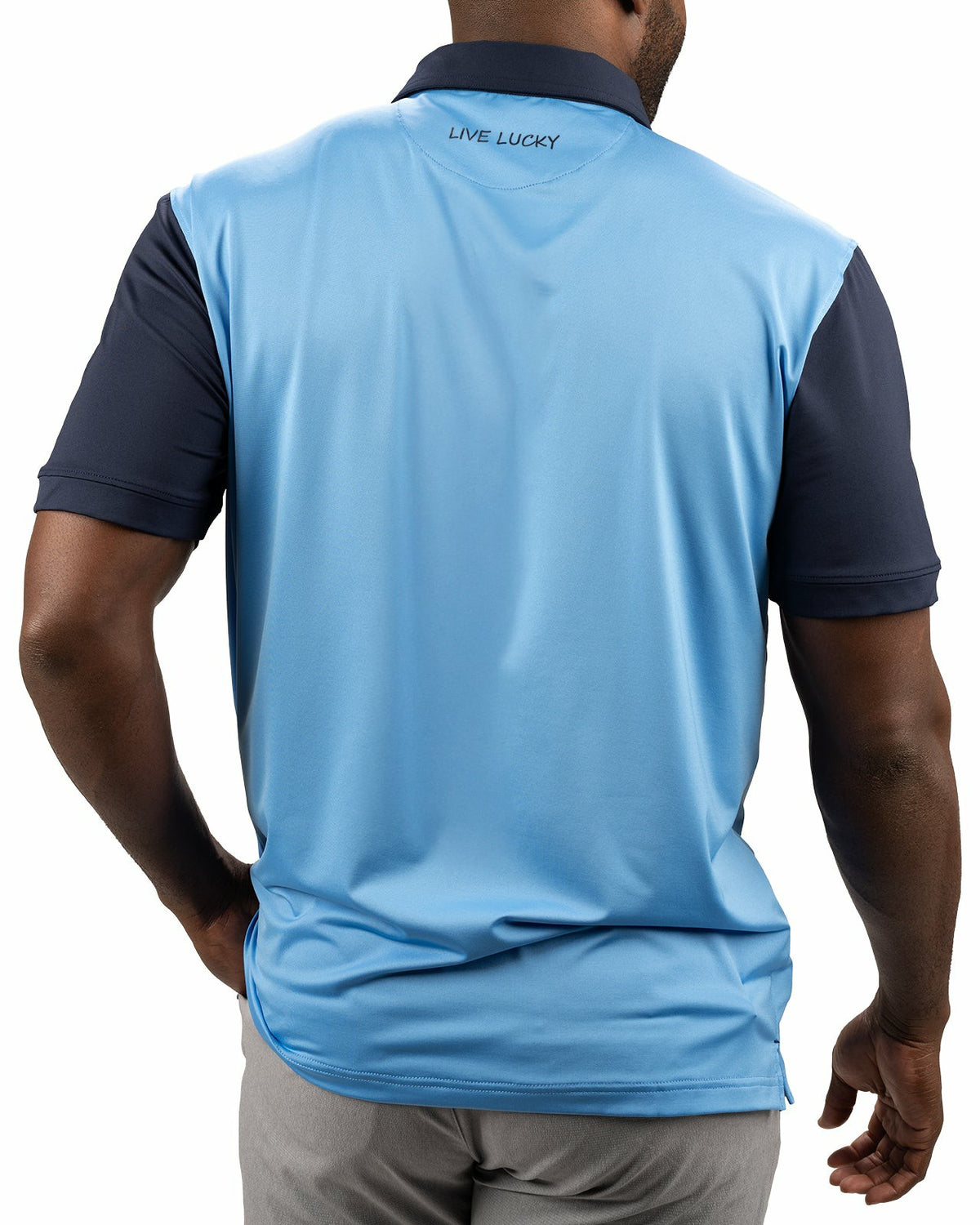 Black Clover Men's Blue Golf or Business Polo with Navy Blue Collar and Arms